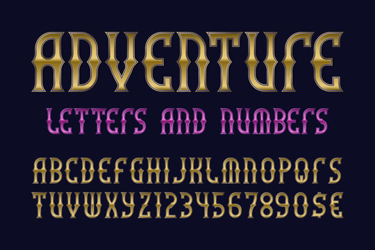 Adventure letters and numbers with currency signs. Stylized vintage golden font. Isolated english alphabet.