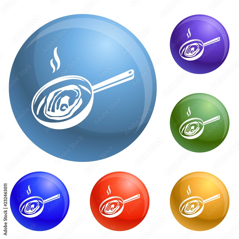 Poster meat on griddle icons set vector 6 color isolated on white background