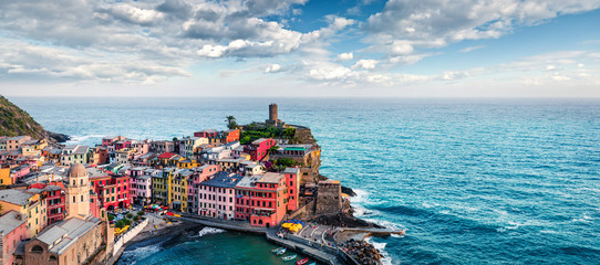 One of the five towns that make up the Cinque Terre region - Vernazza. Colorful spring morning in...