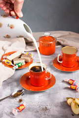 teapot and cups. Coffee cups. coffee with milk