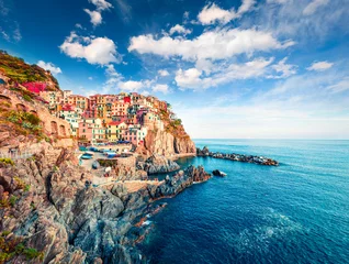 Fotobehang Second city of the Cique Terre sequence of hill cities - Manarola. Colorful spring morning in Liguria, Italy, Europe. Picturesqie seascape of Mediterranean sea. Traveling concept background. © Andrew Mayovskyy