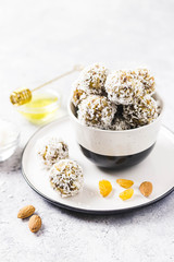 Chocolate coconut power balls. Selective focus, space for text.
