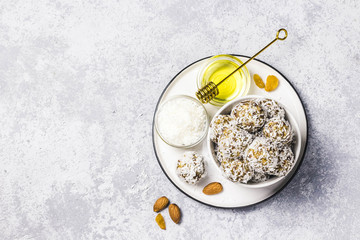 Date chia coconut power balls. Top view, space for text.