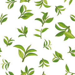 seamless pattern with green tea, hand-drawn leaves and branches of tea - 232463600