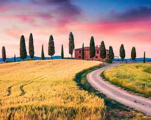 Typical Tuscan view with farmhouse and cypress trees. Colorful summer view of Italian countryside,...