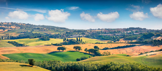 Wheat harvest in Tuscany. Typical Tuscan view of San Quirico d'Orcia. Colorful summer view of Italian countryside. Beauty of countryside concept background.