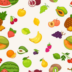 Banana and watermelon, cherry and pineapple fruits seamless pattern isolated on white background.