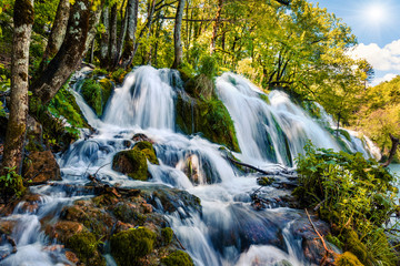 Fototapeta na wymiar Splendid morning in Plitvice National Park. Colorful spring scene of green forest with pure water waterfall. Great countryside view of Croatia, Europe. Traveling concept background.