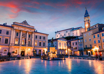 Great night view of Tartini Square in old town Piran. Splendid spring sunset in Slovenia, Europe....