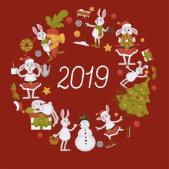 2019 New year celebration approaches, winter characters and symbols vector.