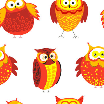 Owls cartoon kid funny characters with feather ornament seamless pattern.