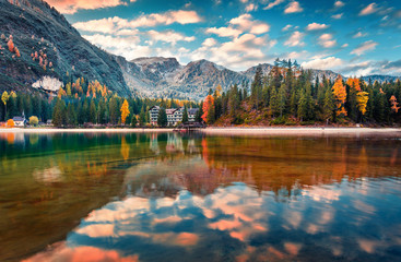 Picturesque  morning view of Braies Lake. Colorful autumn scene of Italian Alps, Naturpark Fanes-Sennes-Prags, Dolomite, Italy, Europe. Traveling concept background.