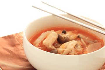 Korean food, kimchi and Shimeji mushroom soup