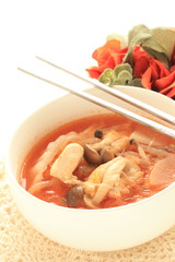 Korean food, kimchi and Shimeji mushroom soup