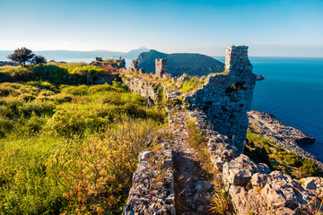 Colorful spring view of the Navarino Castle. Sunny morning scene of the Ionian Sea, Pylos town...