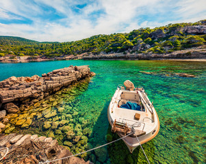 Splendid spring view on the cozy beach in northeastern Corinthia, Greece. Sunny outdoor scene of...