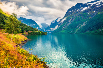Naklejka na ściany i meble Sunny summer view of Lovatnet lake, municipality of Stryn, Sogn og Fjordane county, Norway.Colorful morning scene in Norway. Beauty of nature concept background.