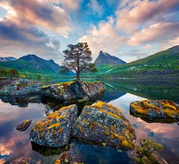 Foto op Plexiglas Fantastic summer sunrise on the Innerdalsvatna lake. Colorful morning scene in Norway, Europe. Beauty of nature concept background. Artistic style post processed photo. © Andrew Mayovskyy