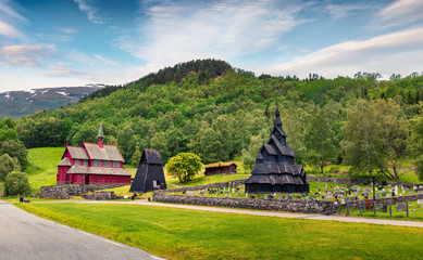 Fototapeta na wymiar Impressive summer view of Borgund Stave Church, located in the village of Borgund in the municipality of Lerdal in Sogn og Fjordane county, Norway. Traveling concept background.