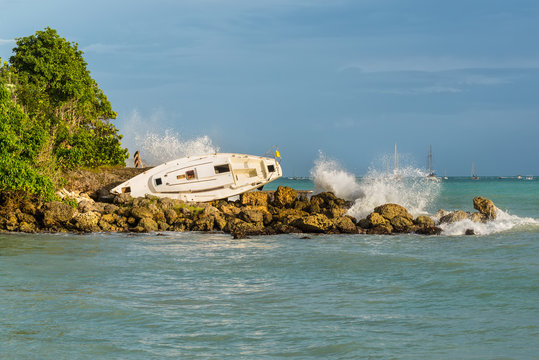 Sailboat is beached and damaged by Hurricane - the Gosier in Guadeloupe