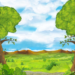 Fototapeta premium cartoon scene with meadow mountains and trees - stage for different usage - illustration for children