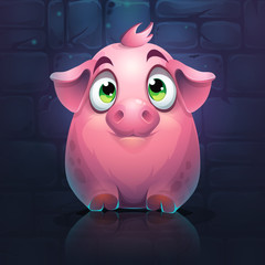 Vector cartoon big pig on a brick wall background