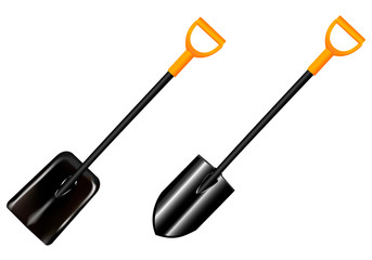 Garden spade tools set isolated on background. Quality 3d illustration mockup. Shovel with handle.