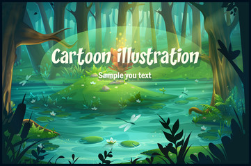Vector cartoon illustration swamp in the forest - obrazy, fototapety, plakaty