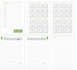 Datebook 2020 year. Diary 2020. Daily planner with calendar for 2018, 2019, 2020, 2021 years. Template for layout of diary for any year. Design office book to every day with templates, calendar