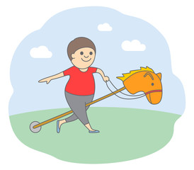 Fun concept of folk game. Young man riding on hobby horse. Isolated vector illustration in line style.