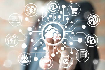 Man push a cloud jigsaw button on a virtual screen in the form of a microcircuit. Smart cloud. Digital web storage. Neural computing database.