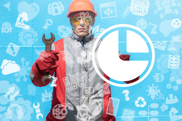 Worker holds spanner and push a clock button on a virtual doodle screen. Time and Industry. Repair, settings manufacture. Industrial engineering management.