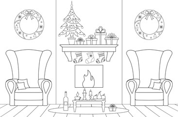Christmas interior. Hall decorated for the new year. Festive living room with Christmas tree fireplace and gifts. Vector illustration.