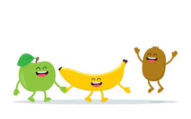 Funny fruits characters. Apple, banana and kiwi