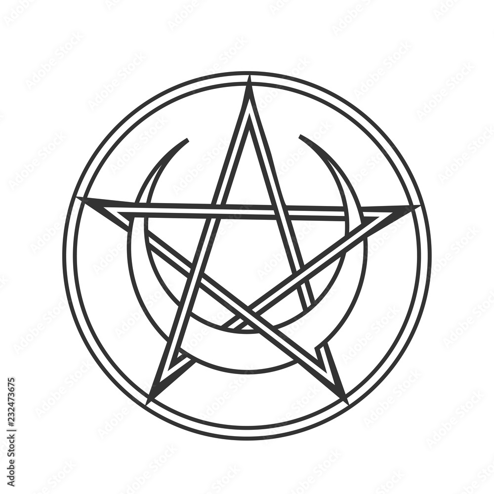 Wall mural vector for wiccan and occult esoteric community: pentacle or pentagram of wicca with crescent moon i