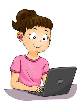 Kid Girl Deaf Hearing Aid Laptop Illustration