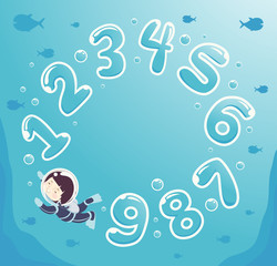 Kid Boy Numbers Underwater Illustration