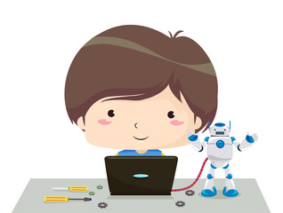 Fototapeta na wymiar Kid Boy Laptop Program Robot Illustration