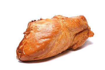 smoked chicken breast in skin on white background