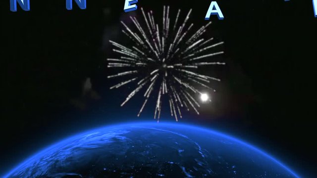  Fond de la plan&egrave;te Terre anim&eacute;e avec feux d'artifice, moderne avec bonne ann&eacute;e 2019 dans l'espace, rendu abstrait avec titres en 3D Cam&eacute;ra lente en HD.