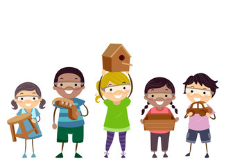 Stickman Kids Holding Woodwork Illustration