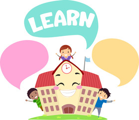 Obraz na płótnie Canvas Stickman Kids School Mascot Learn Speech Bubbles