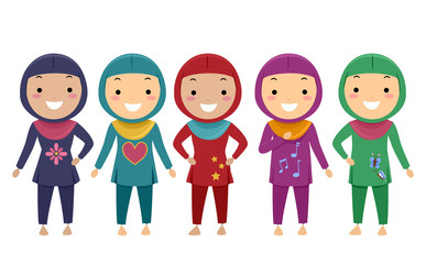 Stickman Kids Girls Muslim Swimwear Illustration