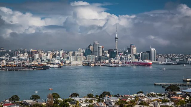 Timelapse video of Auckland cityscape with city centre and busy port from Devonport.