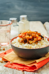 Eggplant and tomato chickpea curry with rice