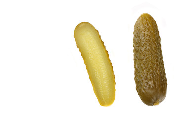 sliced marinated pickled cucumbers isolated on white background. top view