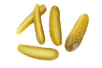 sliced marinated pickled cucumbers isolated on white background. top view