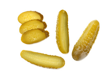 sliced marinated pickled cucumbers isolated on white background. top view