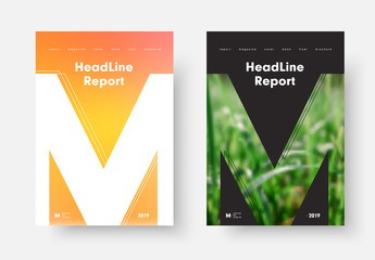 Annual report vector cover template with orange-yellow soft gradient and the letter "M" with green grass.