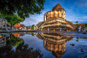 Fototapeta na wymiar Ancient Pagoda at Wat Chedi Luang Temple in Chiang Mai, Thailand. Public domain and no restrict for use or copy.